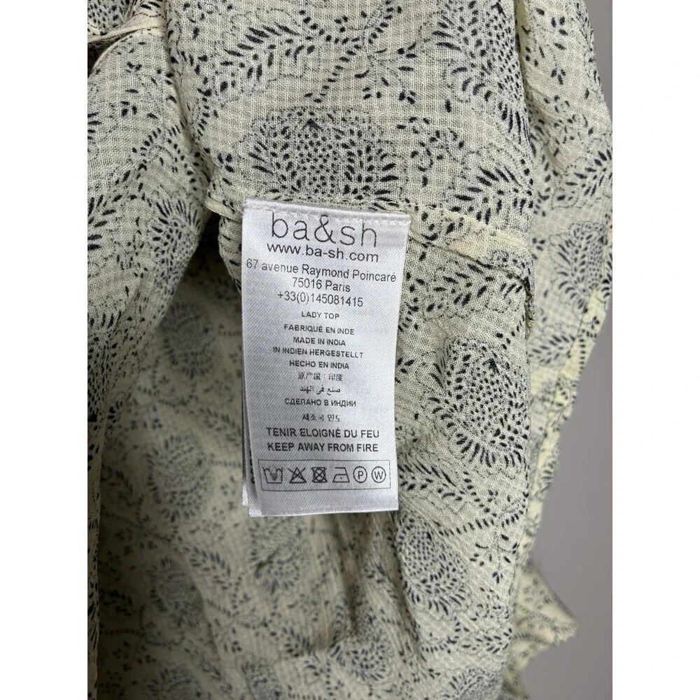 Ba&sh Bora Shirt Light Yellow Pattern Size Medium Long Sleeve Ruffle Trim_6